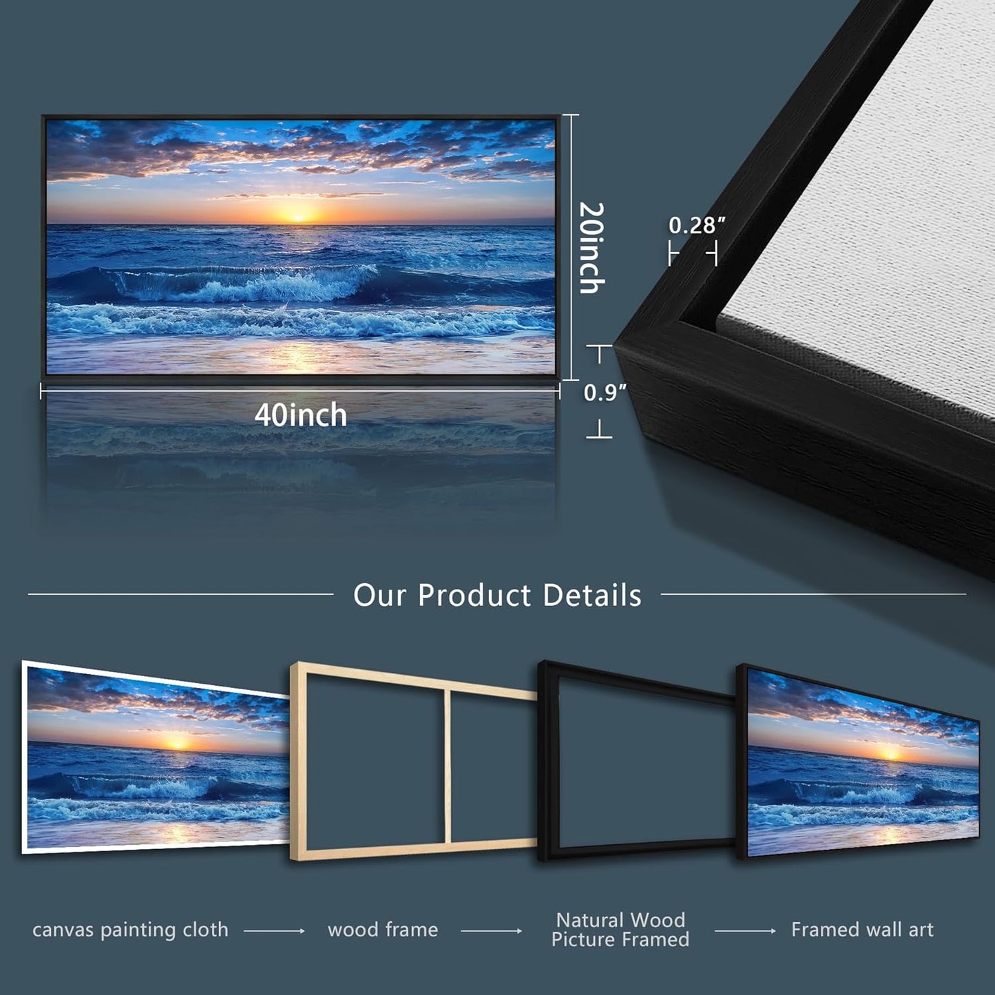 Wapluam Canvas Wall Art For Living Room Large Wall Decor For Bedroom Office Wall Decorations Blue Ocean Beach Wall Painting Sunny Sea View Wave Wall Pictures Artwork Room Home Decor Black Framed