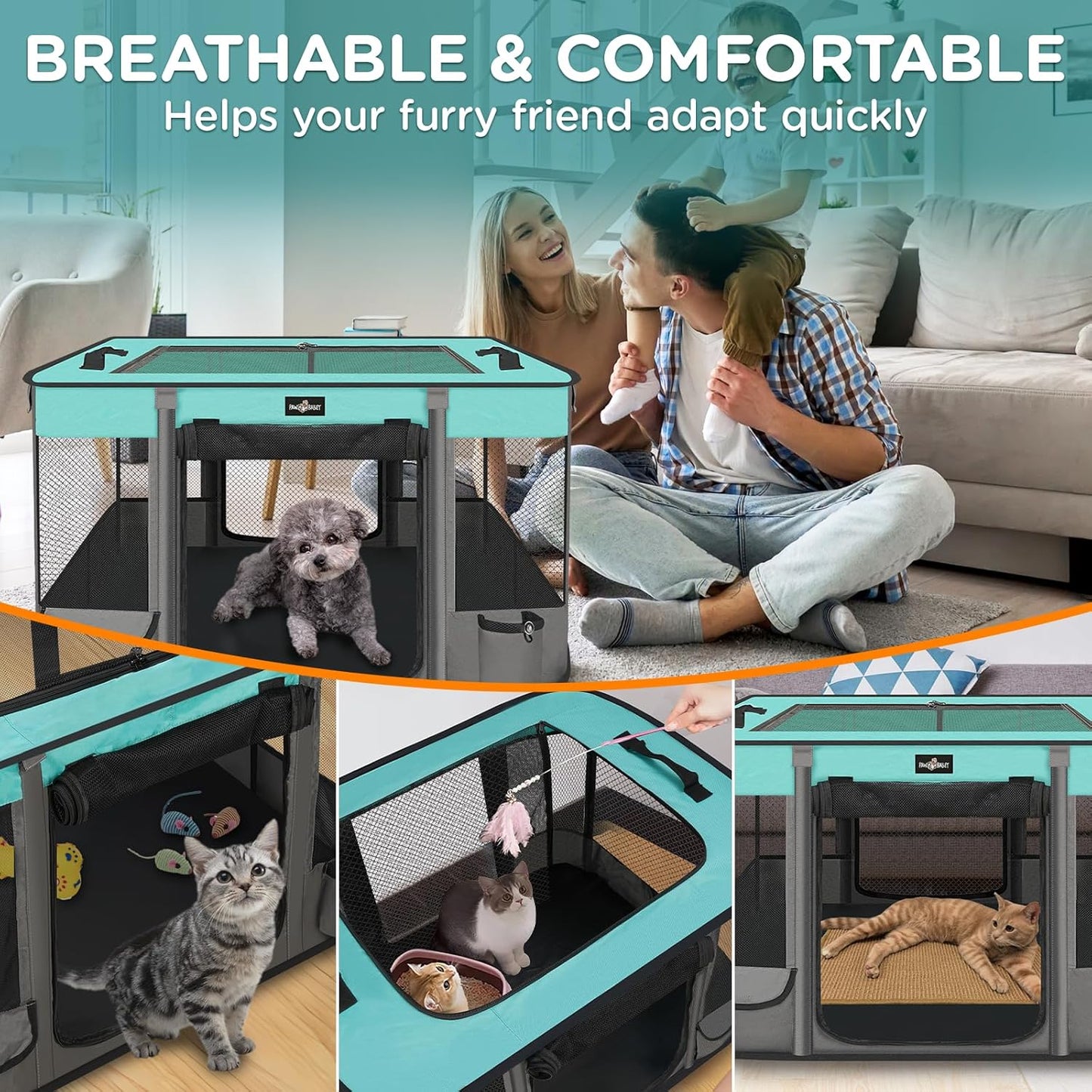 Foldable Pet Kitten Playpen, Waterproof Portable Pet Cat Dog Playpen Kennel Tent for Small Dog Cat, Removable Shade Cover, Come with Free Carrying Case, Indoor Outdoor Use for Small Animals, BlackTeal