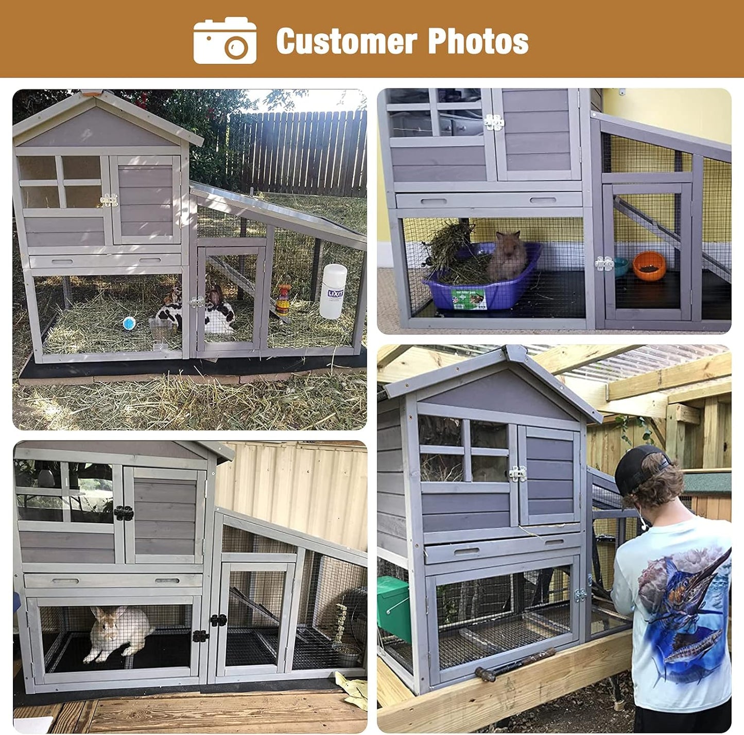 GUTINNEEN Rabbit Hutch for Outdoor Indoor Use, Bunny Cage with PVC Layer and Bottom Wire Netting, Wooden Chicken Coop Rabbit House with UV Roof, Leakproof Tray, Run