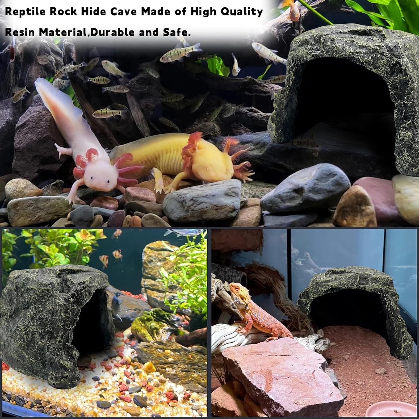 BNOSDM Reptile Hideout,Large Tortoise Hide Cave,Resin Rock,Bearded Dragon Hideaway,Turtle Basking Platform,Reptiles Habitat Decor Tank Accessories for Lizards Gecko Snakes Chameleon Frogs