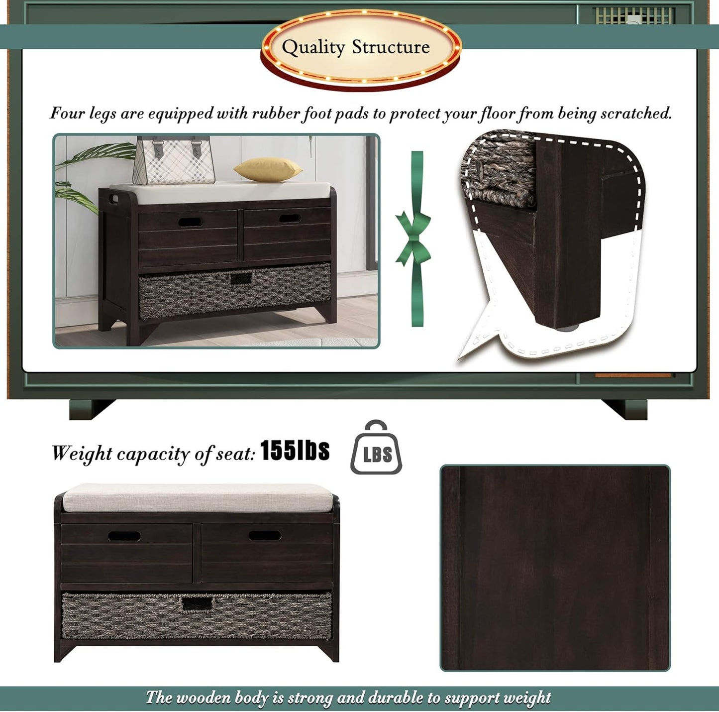 Storage Bench with Removable Basket 2 Drawers Fully Assembled Acacia Wood Shoe Bench Standing Shoe Rack Removable Cushion for Living Room, Entrance Hallway, No Assembly Required Espresso