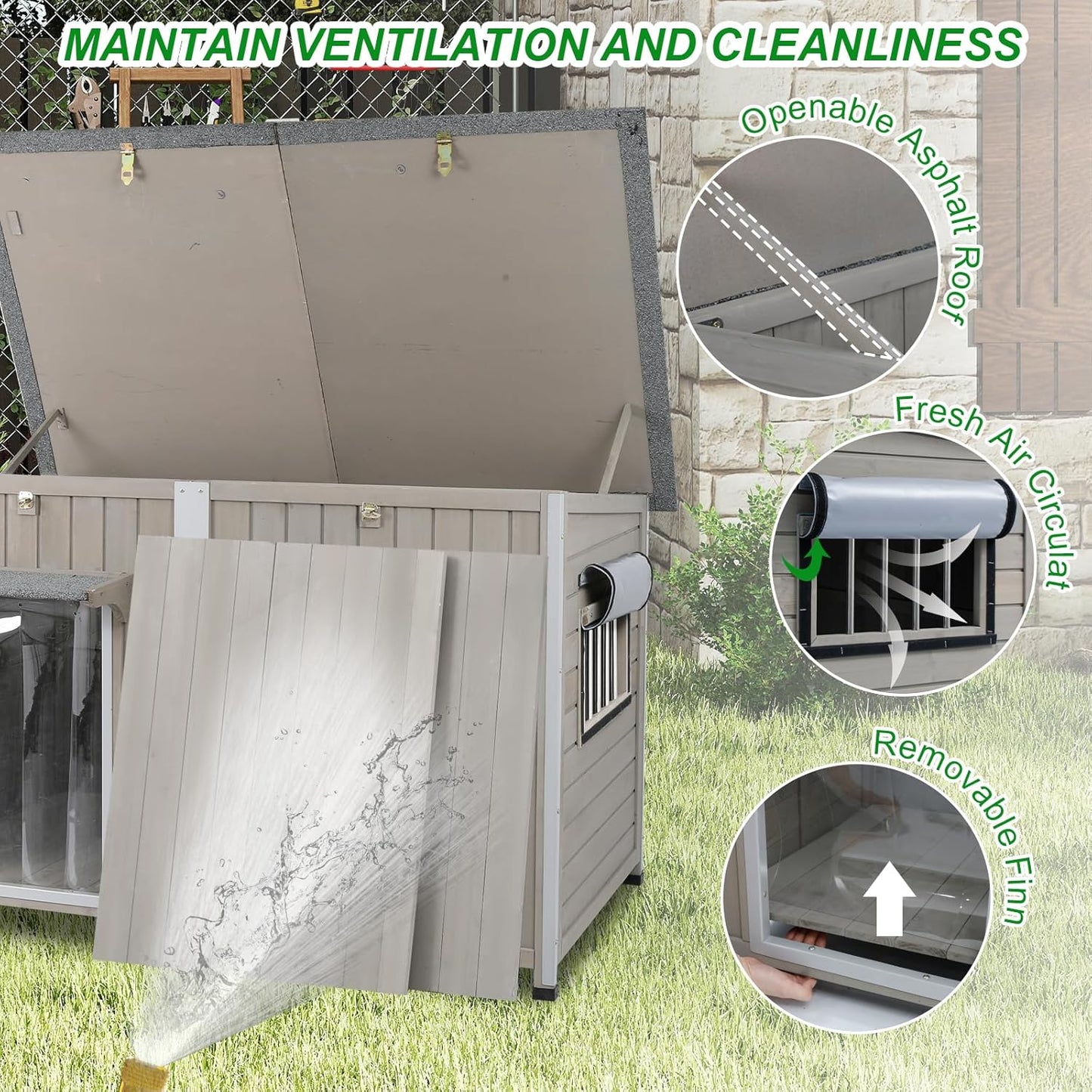 Dog House Outdoor Weatherproof & Wooden Dog Kennel with Chew-Proof Iron Frame,Removable Floor, Adjustable Vent Window, Easy Assembly for Large and Extra-Large Dogs 55.1" D x 33.1" W x 34.8" H