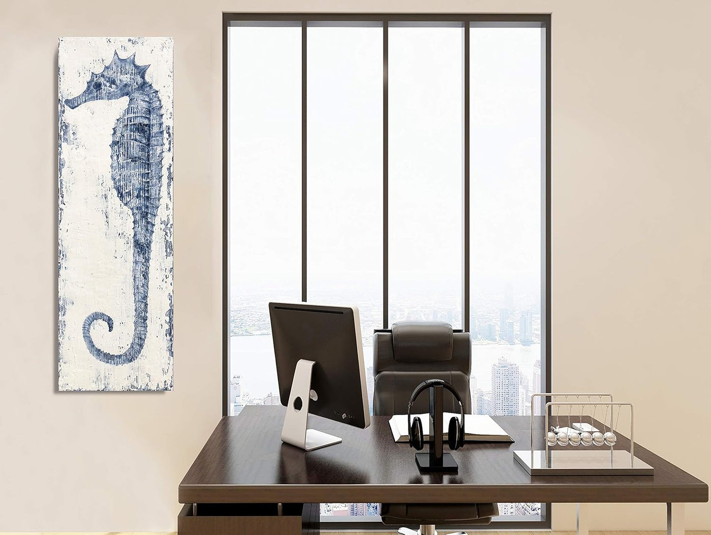 Yihui Arts, Seahorse Hand-Painted Wall Art on Canvas Abstract Artwork Art Wood Stretched Hanging Wall Decoration Sea Style Blue Painting for Home Decor