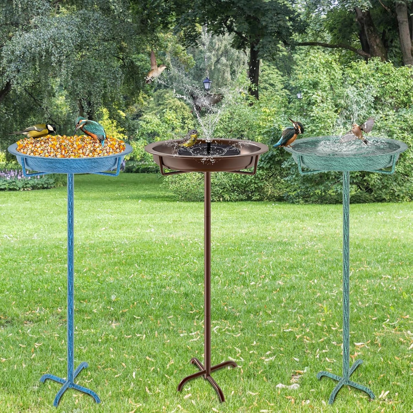 Metal Bird Bath for Outside, 36.2" Height Birdbath Bowl Standing Bird Feeders for Outdoors with 4 Prongs Base Stake, Freestanding Birdfeeders for Garden Yard Lawn Decor (Retro Blue)