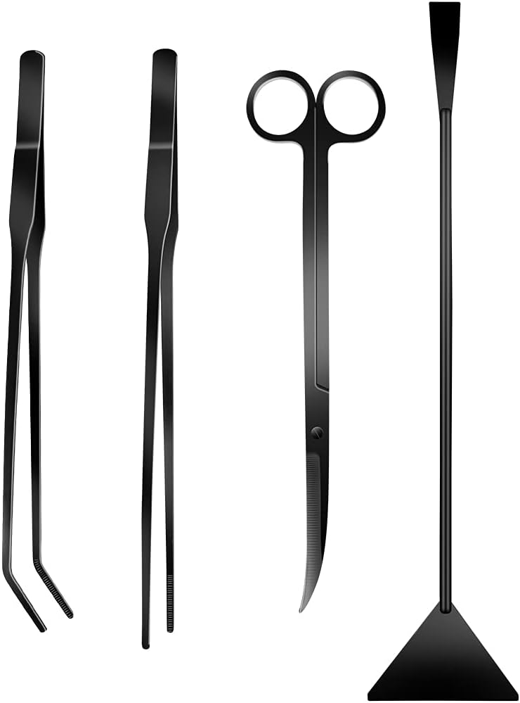 4Pcs Aquascaping Tools Kit, Long Stainless Steel Aquarium Plant Tools with Black Anti-rust Coating, Aquarium Tweezers, Scissors, and Scrapers for Aquascaping Cleaning（Magnetic Tool Holder）