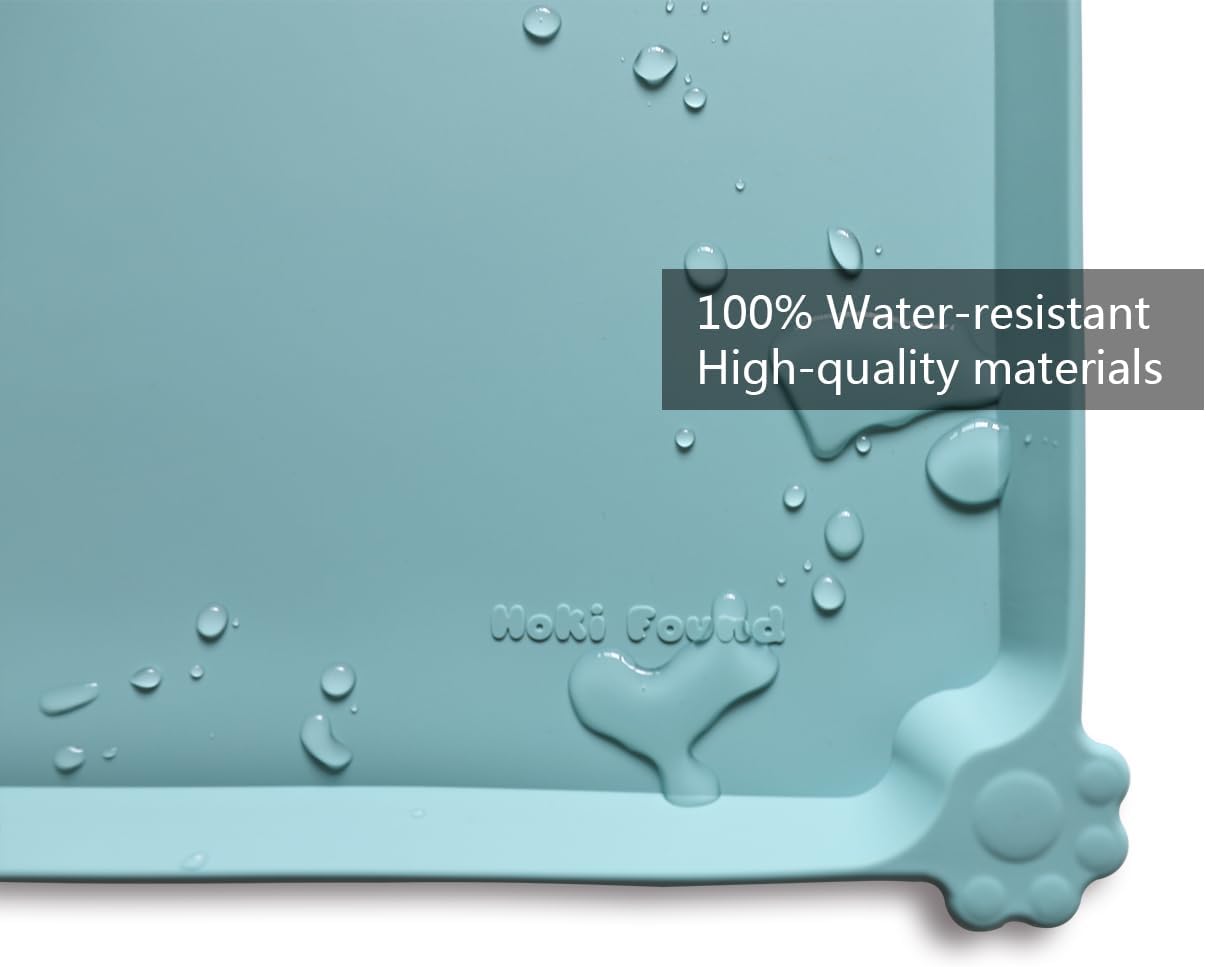 Hoki Found L Silicone Non Slip Pet Food Tray - Dog Cat Bowl Mats - Waterproof Dog Cat Food Mats for Carpet - Light Turquoise