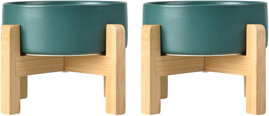SPUNKYJUNKY Ceramic Elevated Dog Bowls 2 Pack - 5.1inch Raised Dog Bowls with Non-Slip Wooden Stand for Small Dogs Dishwasher Safe(Green,13.5OZ*2)