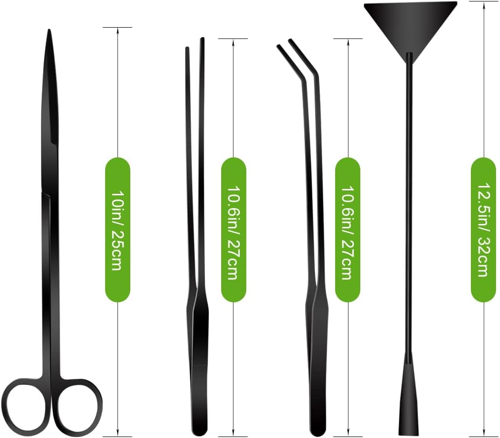 Quarium Aquascape Tools Kits, 4 in 1 Anti-Rust Aquatic Plant Aquascaping Tool Stainless Steel Black Tweezers Scissors Spatula for Aquarium Tank Clean Fish Tank Aquascape Tools Sets (black)