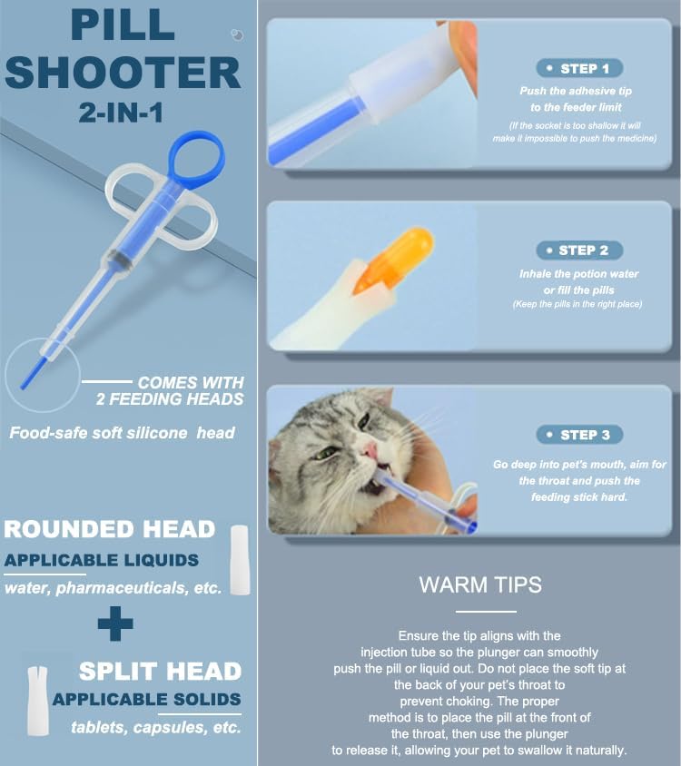 Cat Pill Shooter 5-in-1 Kit, Pet Pill Cutter and Crusher for Cats and Dogs, Dog Tablet Soft Tip Syringe and Medical Feeding Liquid Dispenser Tool with Plastic Measuring Cup 100ml