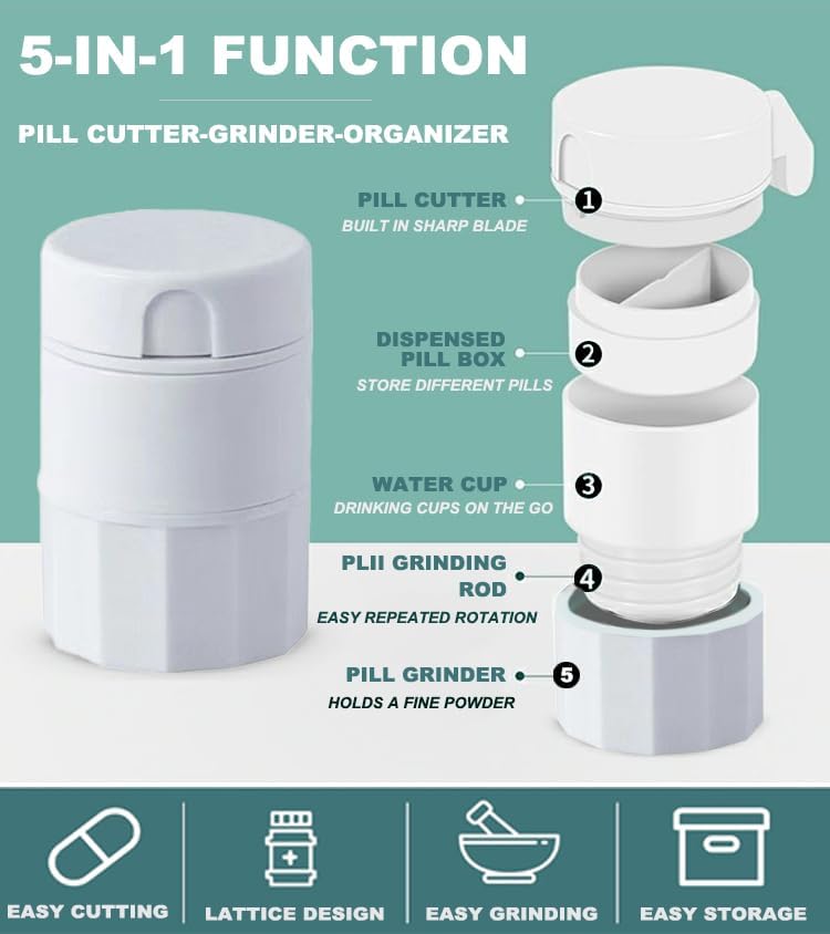 Cat Pill Shooter 5-in-1 Kit, Pet Pill Cutter and Crusher for Cats and Dogs, Dog Tablet Soft Tip Syringe and Medical Feeding Liquid Dispenser Tool with Plastic Measuring Cup 100ml