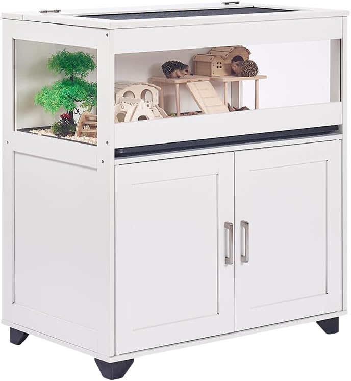 unipaws Hedgehog Cage with Storage Cabinet, Hamster Cage for Rat and Guinea Pigs, Clear Transparent PVC Visual Small Animal Cage with Tray, Hamster Enclosure, White