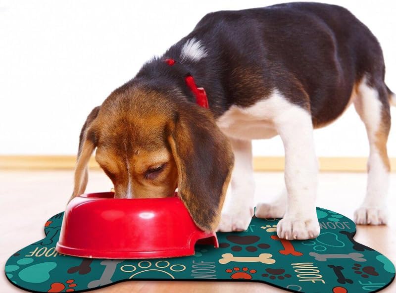Dog Food Mats for Floors Waterproof, Pet Feeding Absorbent Water Bowl Mat Cat Placemats Green Bone Shape 25.5 * 17 inch