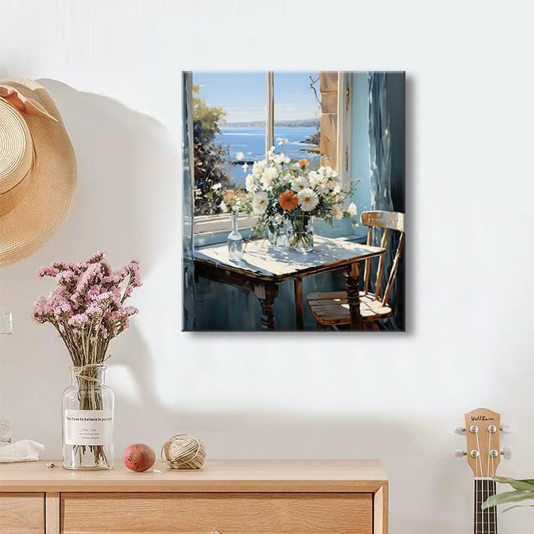weiyiart Wall Art for Bathroom Decor Coastal Floral Canvas Print Painting Daisy Flowers Sea Picture Farmhouse Ocean Seascape Artwork for Home Living Room Bedroom Office 12x15inch