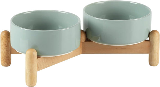 Ceramic 5.1inch Raised Double Bowls Set with Wooden Stand, Elevated Food & Water Bowls for Small Breed Dogs, Cats, Kitty, Weighted Dog Dishes, Pet Bowls(13.5oz, Light Green)