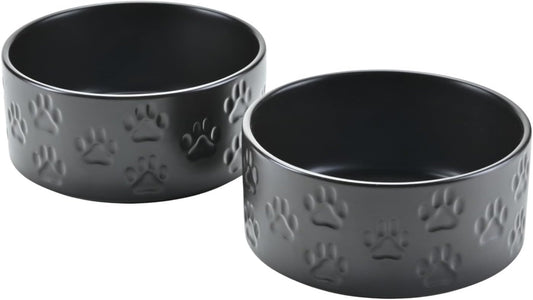 SPUNKYJUNKY Ceramic Dog and Cat Bowls 2 Pack, 5.1'' Dog and Cat Food Water Double Feeding Bowls Non-Slip for Cats and Puppy Small Sized Breed Dogs Microwave Dishwasher Safe - 13.5 OZ, 2pcs, Paw Black