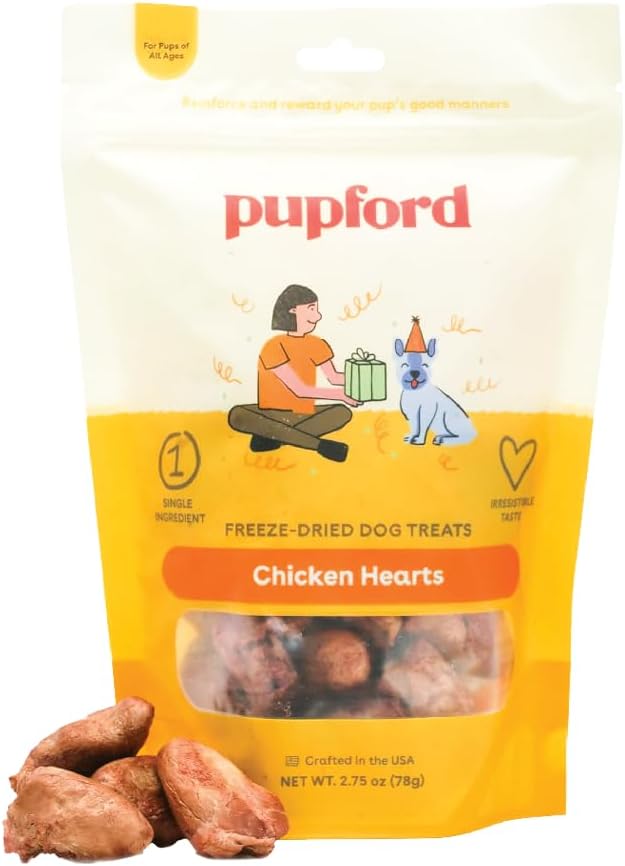 Pupford Freeze Dried Chicken Hearts Treat for Dogs & Puppies - Healthy, Natural, Single Ingredient Dog Treats - Made in USA (2.75 oz)