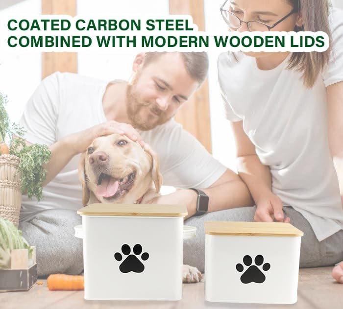 Set of 2 Airtight Dog Treat Container -10lb Metal Dog Food Canister -Dog Treat Jars for Kitchen Counter with Bamboo Lids-Pet Puppy Food Bin with Food Scoop- Doggie Cookie Jar-White