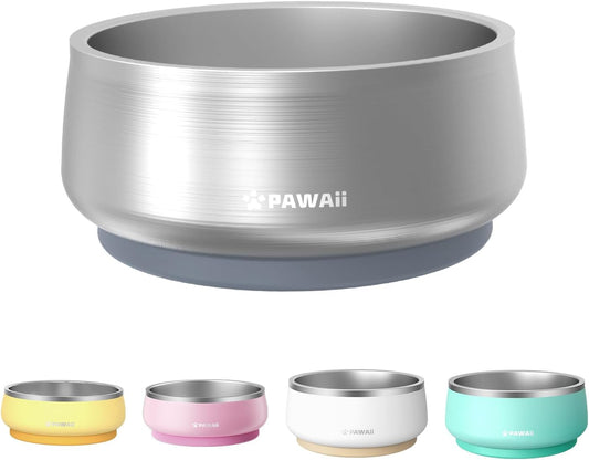 Pawaii Stainless Steel Dog Bowl with Non-Slip Rubber Base & Double Wall Insulation - Durable Design | Includes ID Tag | Dishwasher Safe Food & Water Bowl for All Dogs (34oz)