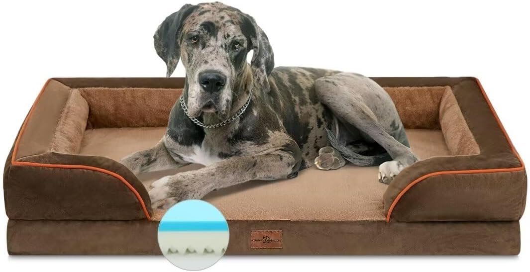 Comfort Expression Memory Foam Dog Beds, Orthopedic Washable Dogs Bed XXL, Waterproof Dog Beds Extra Large with Bolster & Removable Cover(XX-Large,Khaki Brown)