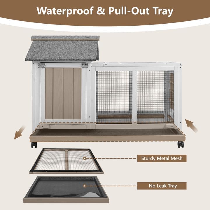 38''L Rabbit Hutch Outdoor Indoor with Wheels, Wooden Expandable 2 Story Bunny House Rabbit Cage with Run, Waterproof Roof, Pull Out Tray, Guinea Pig Cage Chicken Coop for Small to Medium Pets