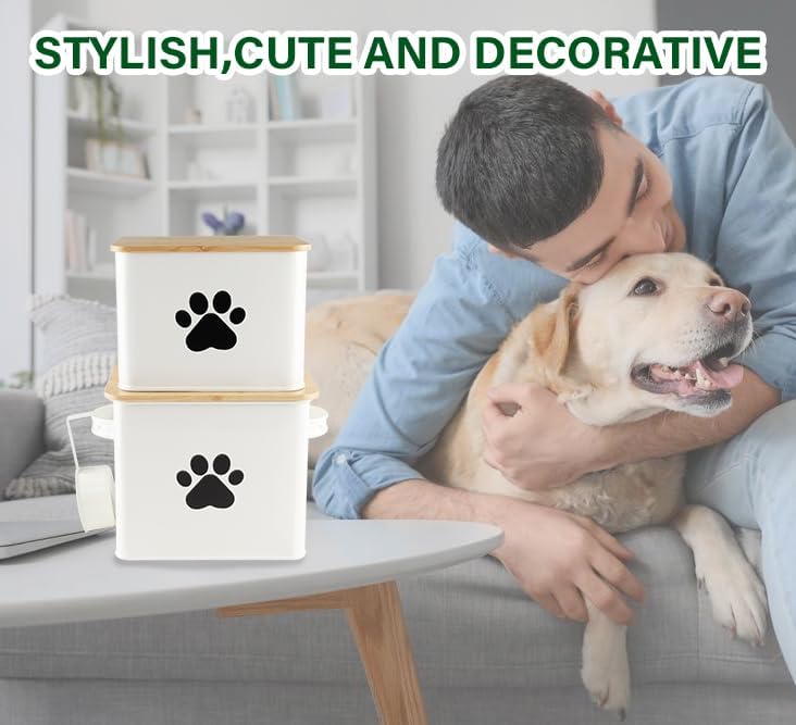Set of 2 Airtight Dog Treat Container -10lb Metal Dog Food Canister -Dog Treat Jars for Kitchen Counter with Bamboo Lids-Pet Puppy Food Bin with Food Scoop- Doggie Cookie Jar-White