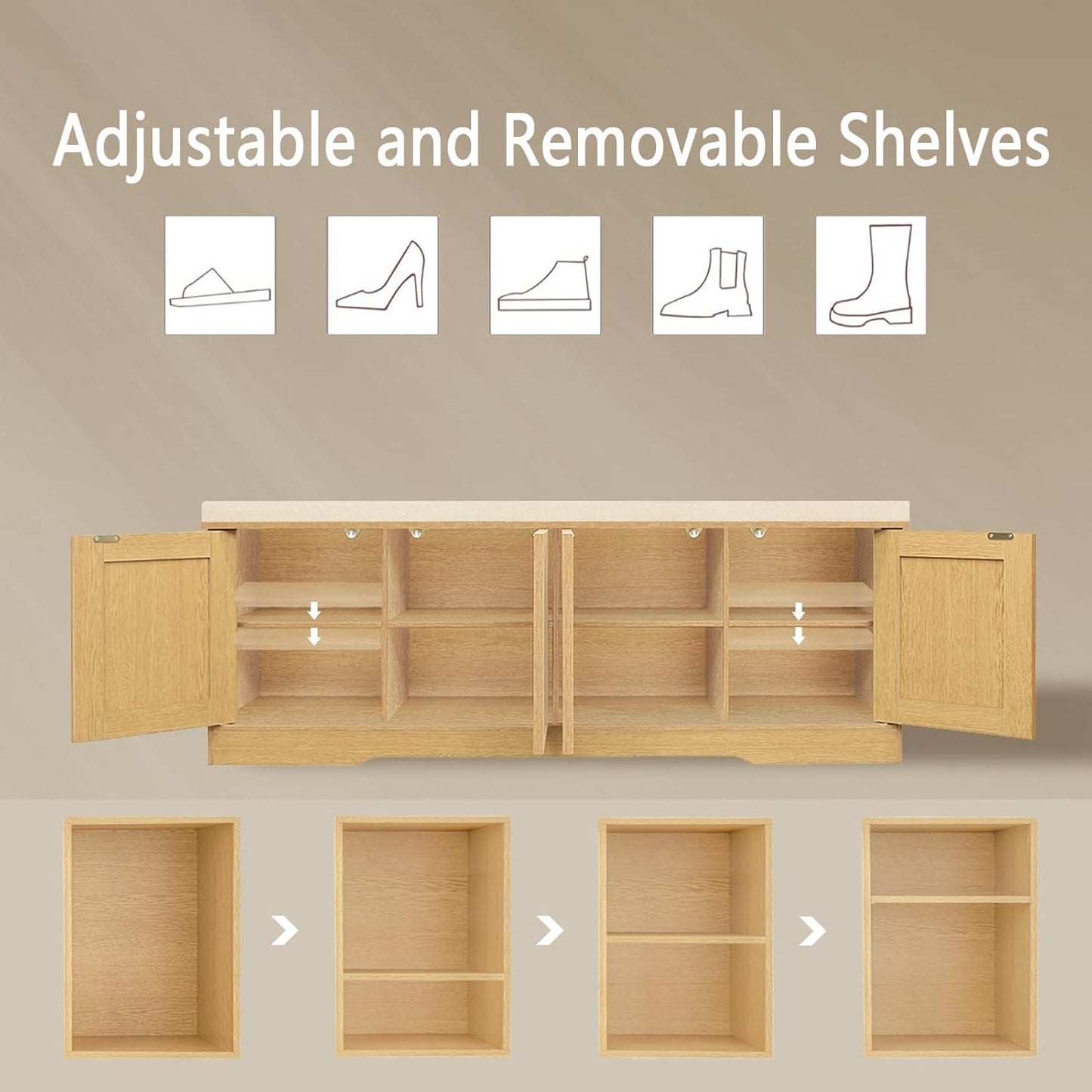 DINZI LVJ Shoe Bench, Entryway Storage Bench with Doors, Cushion, 2-Tier Shoe Rack with 8-Cubby, 47.2”L x 13.8”W Shoe Organizer Cabinet, Adjustable Shelf, Living Room, Bedroom Natural