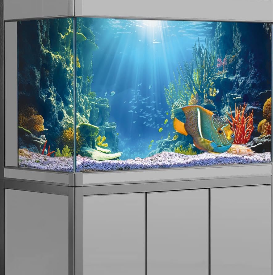 30X18IN Blue Sea Floor Aquarium Background, Natural Underwater World 3D Effect Fish Tank Decorations Background, Art Terrarium Background with 8 EVA Double-Sided Tape