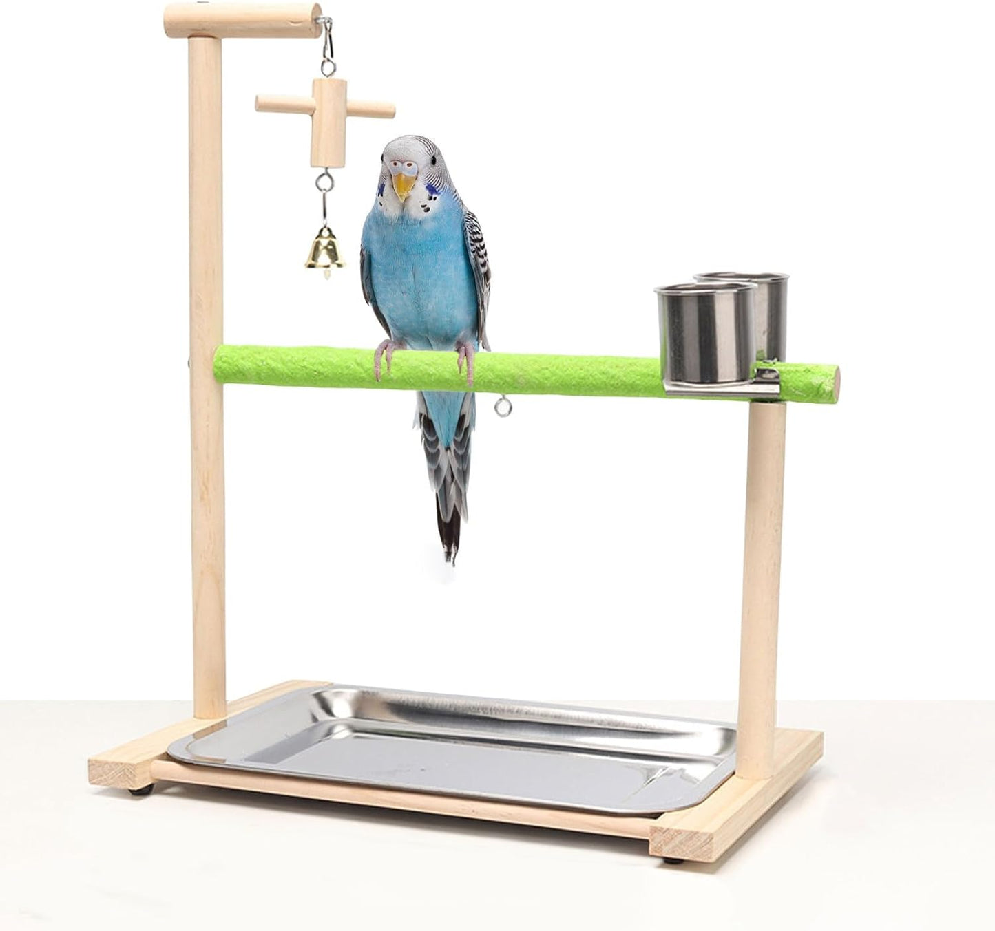 Bird Palyground, Parrot Playstand Natural Wood, Bird Perch Stand Gym with Feeder Cups and Removable Tray, Bird Cage Accessories for Parakeets Cockatiels Lovebirds