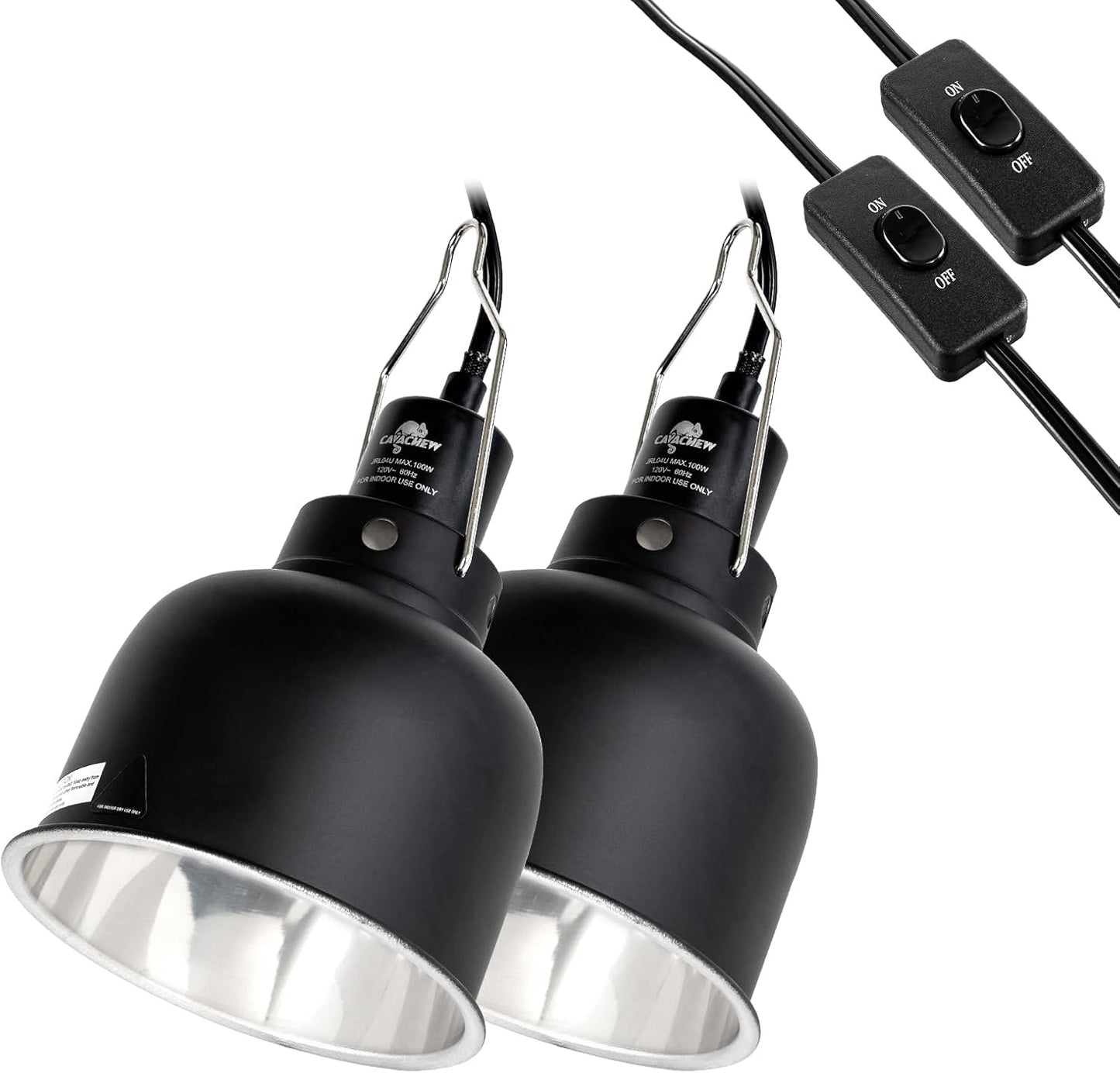 2 Pack Reptile Light Fixture, 5.5in Deep Dome Reptile Lamp Fixture, Optical Reflection Cover, Separate Switch & Hook, Terrarium Light Fixture for Reptile Heat Basking UVB Bulbs, 100W, Black