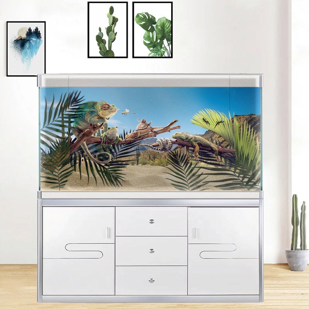 Reptile Habitat Background, Retro Desert Oasis Cactus Terrarium Background 72X24 in Background with 8 EVA Double-Sided Tape