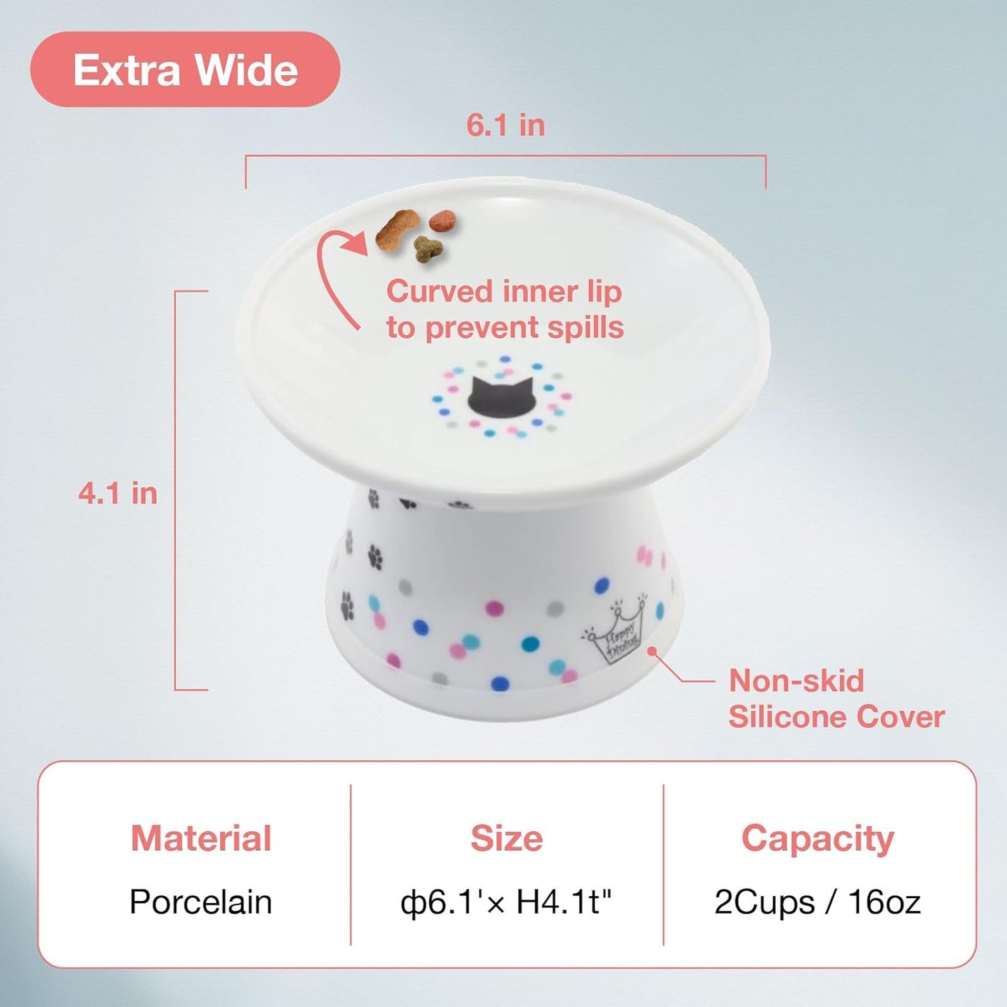 Necoichi Raised Cat Food Bowl – Ceramic Elevated Cat Bowl for Whisker & Neck Fatigue, Dishwasher Microwave Safe – Non-Slip & Anti Vomiting Ergonomic Design (Colorful Dots, Extra Wide)