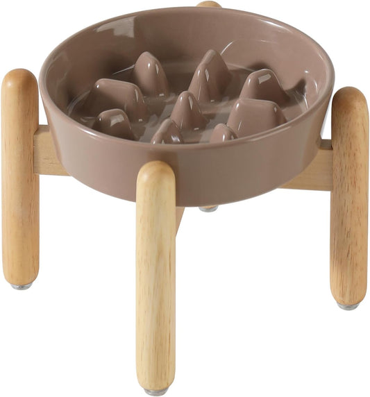7.3inch Ceramic Dog Raised Slow Feeder Set, Elevated Bowl with Wooden Stand for Medium and Small Dog, Slow Feeder Dish for Fast Easters(Brown Coffee, Single Bowl+ Stand)