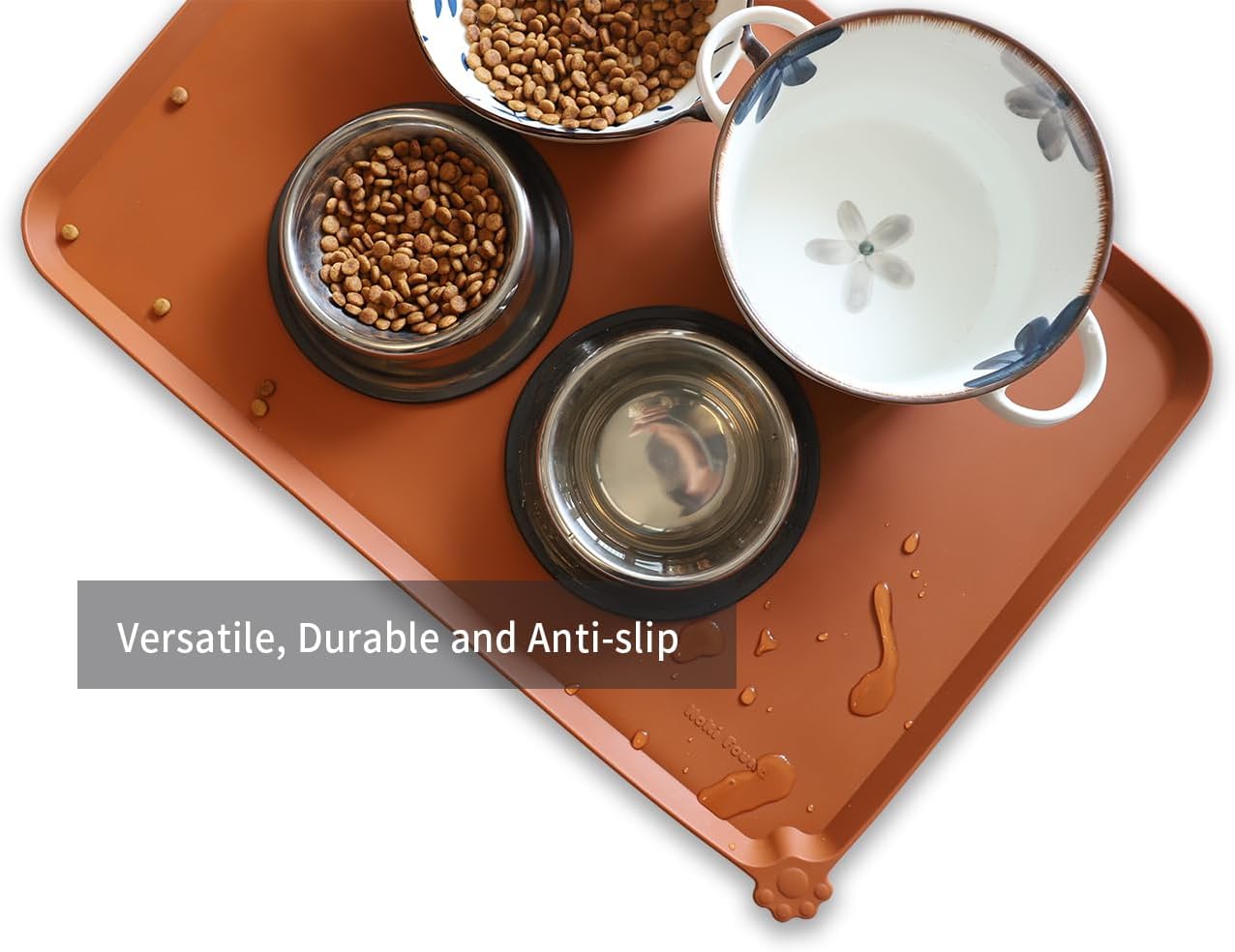 Hoki Found Large Silicone Non Slip Pet Feeding Mats - Waterproof Dog Cat Bowl Mats - Caramel
