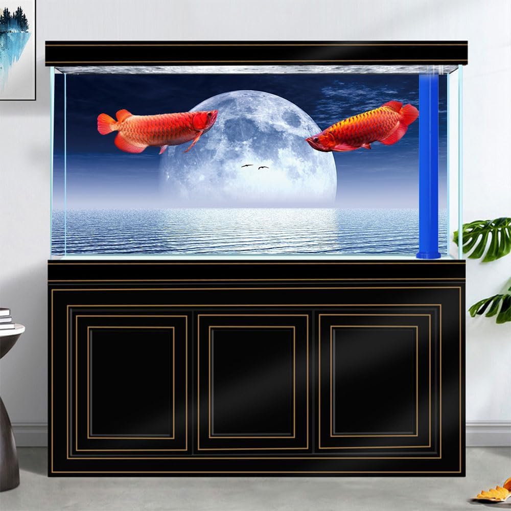 Moon Aquarium Background,Cool Sea Galaxy Parallel Space Themed Fish Tank Background, Cool Terrarium Background 48X18IN with 8 EVA Double-Sided Tape