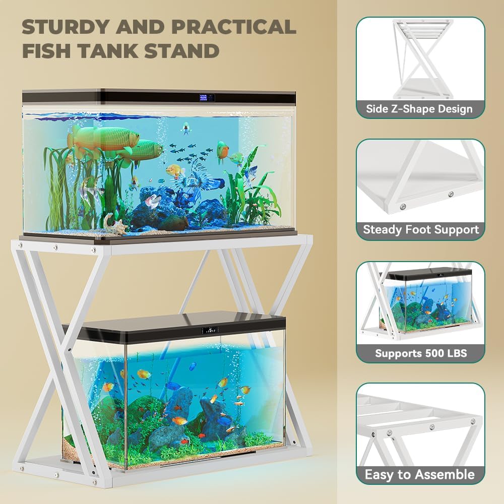 YITAHOME 10-40 Gallon Fish Tank Stand, Double-Layer Metal Aquarium Stand for Reptile Turtle Terrarium Breeder, White