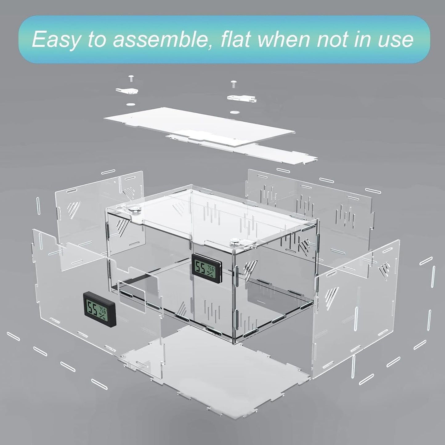 Reptile Terrariums, with Temperature Hygrometer, 11.8"x7.9"x5.9" Acrylic Reptile Breeding Box Terrarium Cage Tank for Small Reptile Insect Home Office