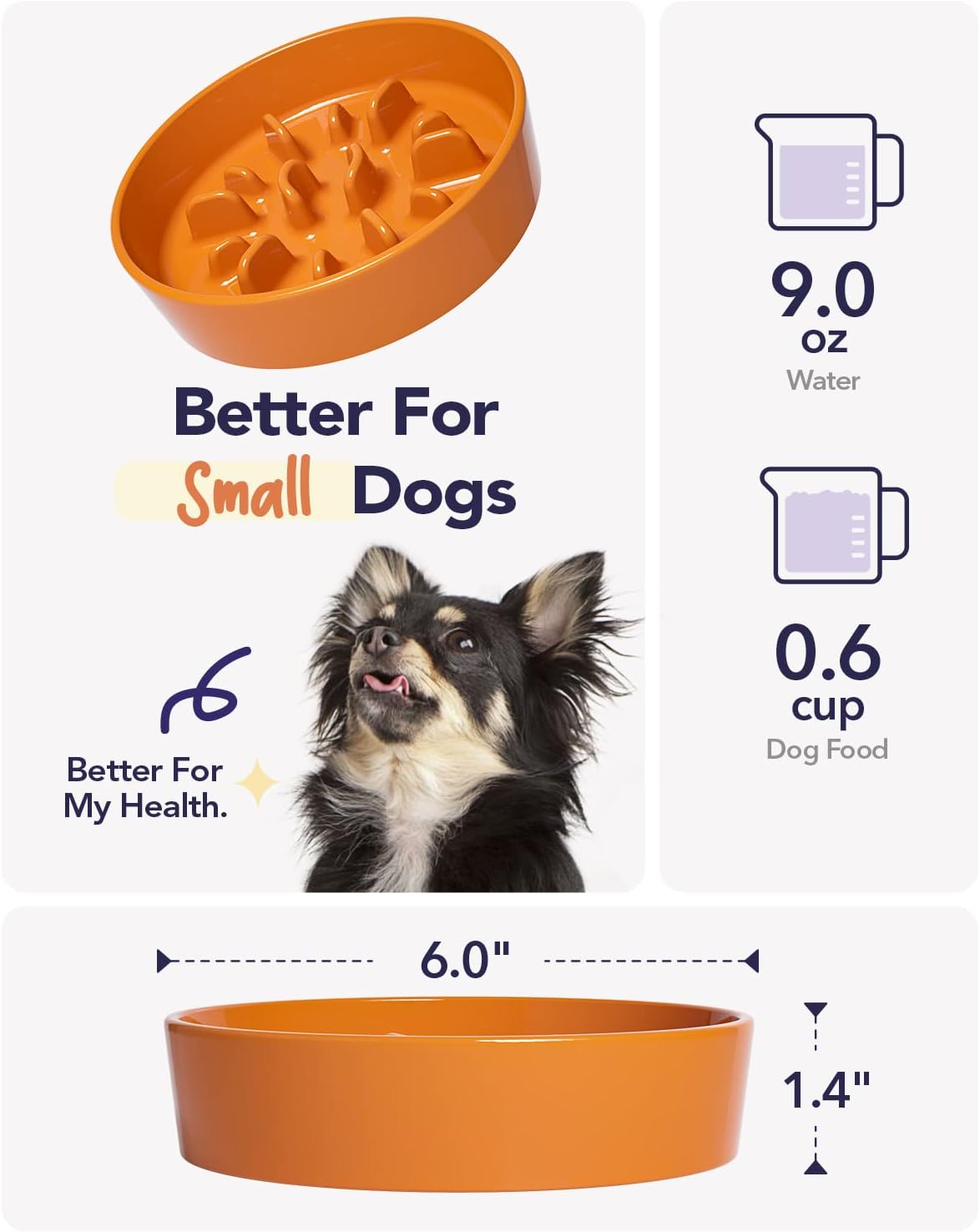 LE TAUCI Ceramic Slow Feeder Dog Bowls Small Breed, 0.6 Cups Dog Food Dish for Fast Eaters, Puzzle Bowl for Small Dogs and Cats,Sun Orange
