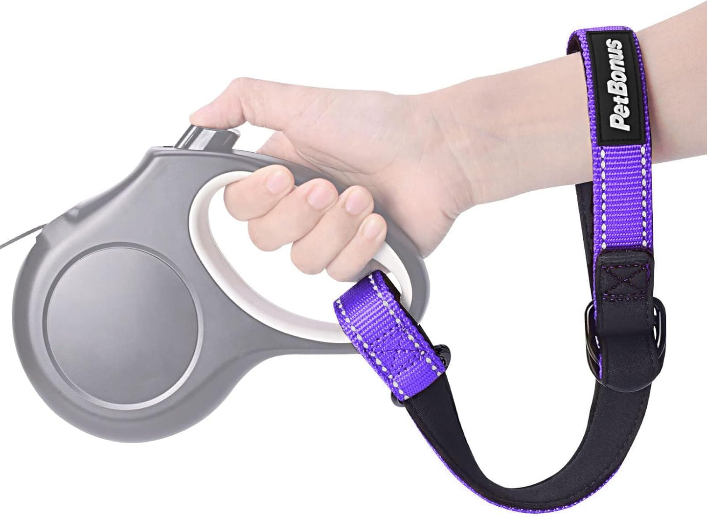 PetBonus Short Dog Leash, Safety Wrist Strap for Retractable Dog Leash, Reflective Design and Adjustable Soft Padded Handle, Extra Layer Security for Pet Stroller (Purple)