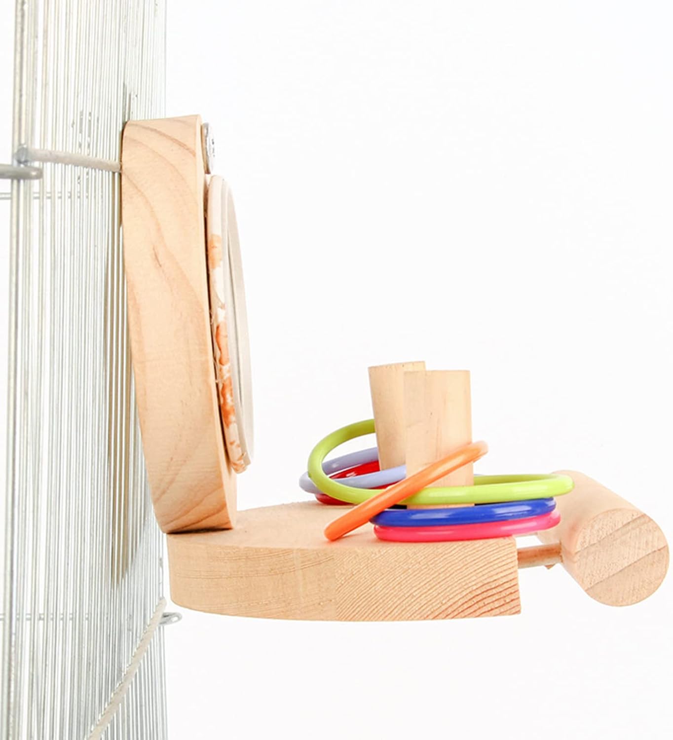 Parrot Mirror Toy for Cage, Pet Mirror Toys Set with Wooden Platform Stand Perch, 8 Pcs Colorful Stacking Rings Bird Toy Intelligence Toys, Idea for Cockatiel Parrot Bird Cage Health Supplies