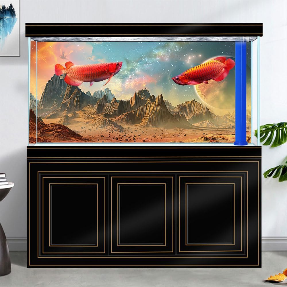 Cosmic Aquarium Background,Cool Galaxy Parallel Space Themed Fish Tank Background, Tropical Desert Terrarium Background 36X24IN with 8 EVA Double-Sided Tape
