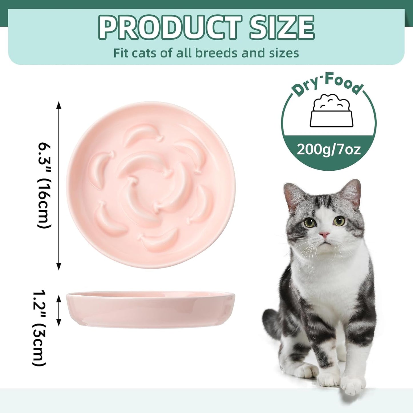 Ceramic Cat Slow Feeder Bowl - Pastel Series Cat Plate for Dry and Wet Food - Cute Maze Feeder Dish for Healthy Eating - Dishwasher Safe - 6.3''W x 1.2''H - 7 OZ - Light Pink