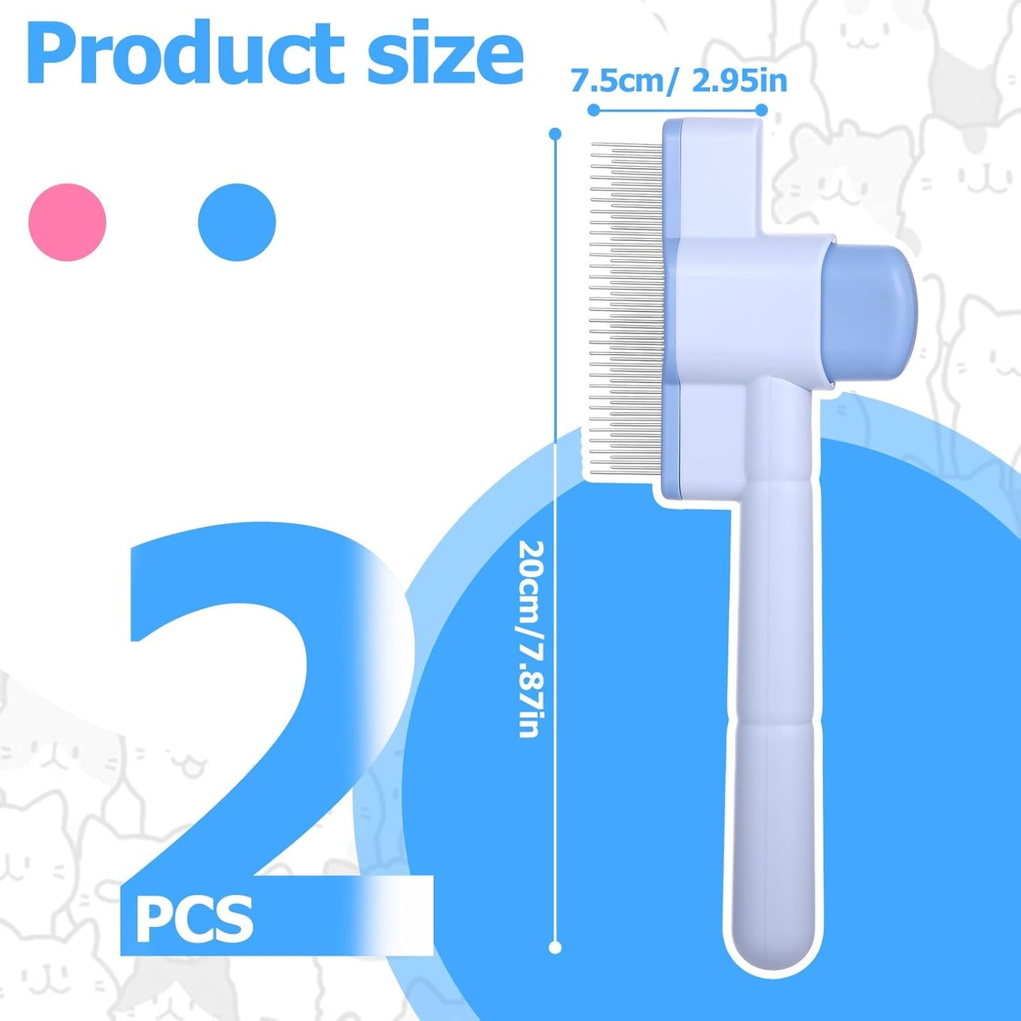 Zen Brush for Cats: Cat Flea Comb & Dematting Comb for Cats - Self-Cleaning Pet Hair Removal Tool with Long & Short Stainless Steel Teeth, Blue Pink