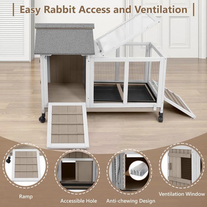 38''L Rabbit Hutch Outdoor Indoor with Wheels, Wooden Expandable 2 Story Bunny House Rabbit Cage with Run, Waterproof Roof, Pull Out Tray, Guinea Pig Cage Chicken Coop for Small to Medium Pets