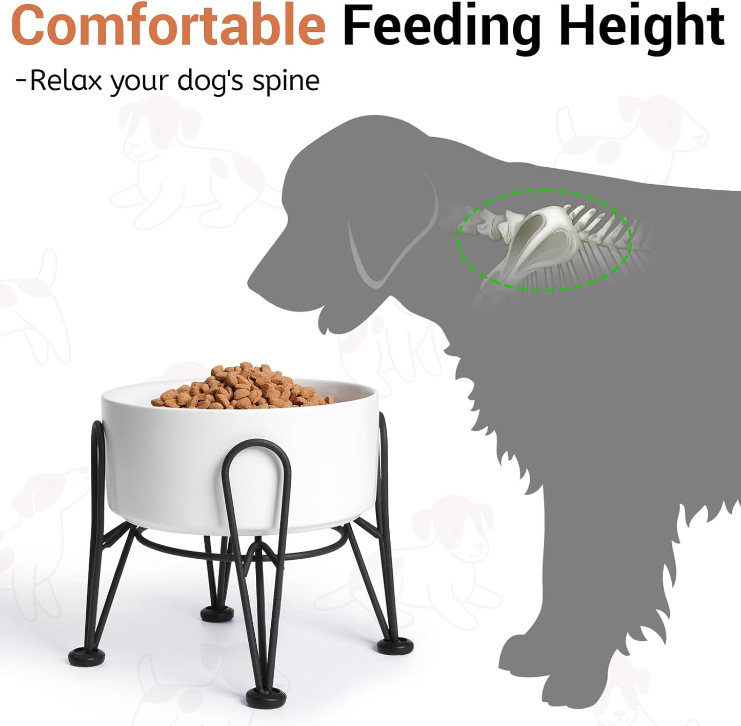 Elevated Dog Bowls, Ceramic Raised Dog Bowl Set with Anti-Slip and Non-Tip Metal Stand, 2 Pack Pet Food and Water Feeding Bowls for Small and Medium Dogs (White,7.6 Cups)