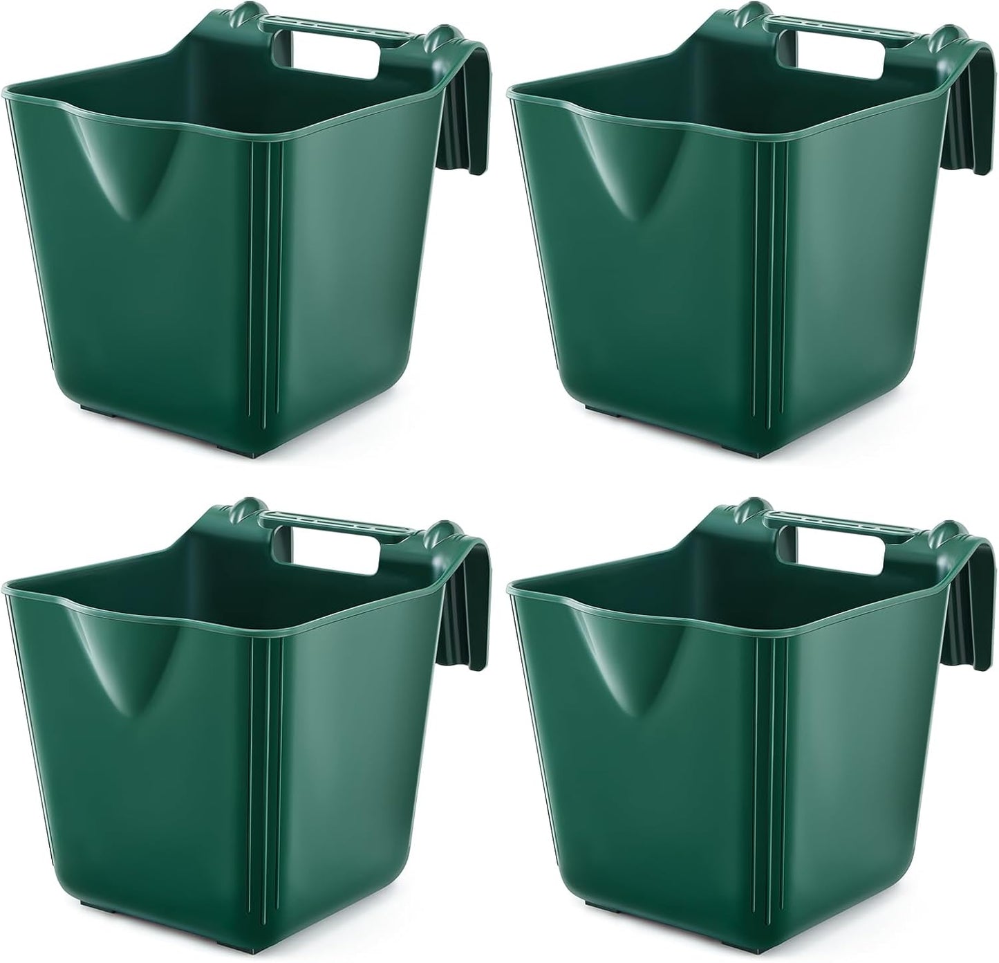 4 Pack 15 Quart Horse Feeders for Stall Hook Over Hanging Fence Hay Feeder Mountable Livestock Plastic Feed Bucket for Farm Stalls Pasture, Stable to Feed Horses Sheep Cattle Cows Etc(Green)