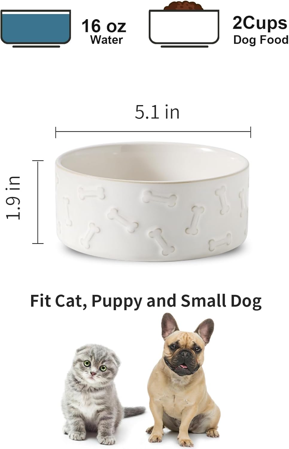 UBEE Ceramic Dog Bowl Set of 2, 5.1 inch Dog Food Bowl Dish with Bone or Paw Pattern, Pet Food Water Dish Feeding for Small Dogs and Large Cat, White
