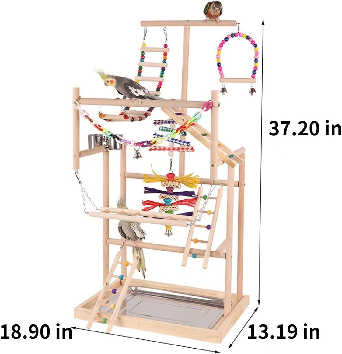Bird Playstand Parrot Playground Wood Play Stand Gym Perch 4 Ladder Playgym with Exercise Toys Swings Feeder Cups Chewing Toys for Cockatoos Lovebirds Playgym Parakeets Cockatoo Macaw Random Color