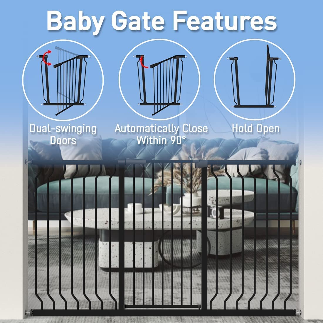 WAOWAO Extra Tall 40.55" Baby Gate 57.48-74.4" Wide Pressure Mounted Walk Through Swing Auto Close Safety Black Metal Toddler Child Dog Pet for Indoor Stairs,Doorways