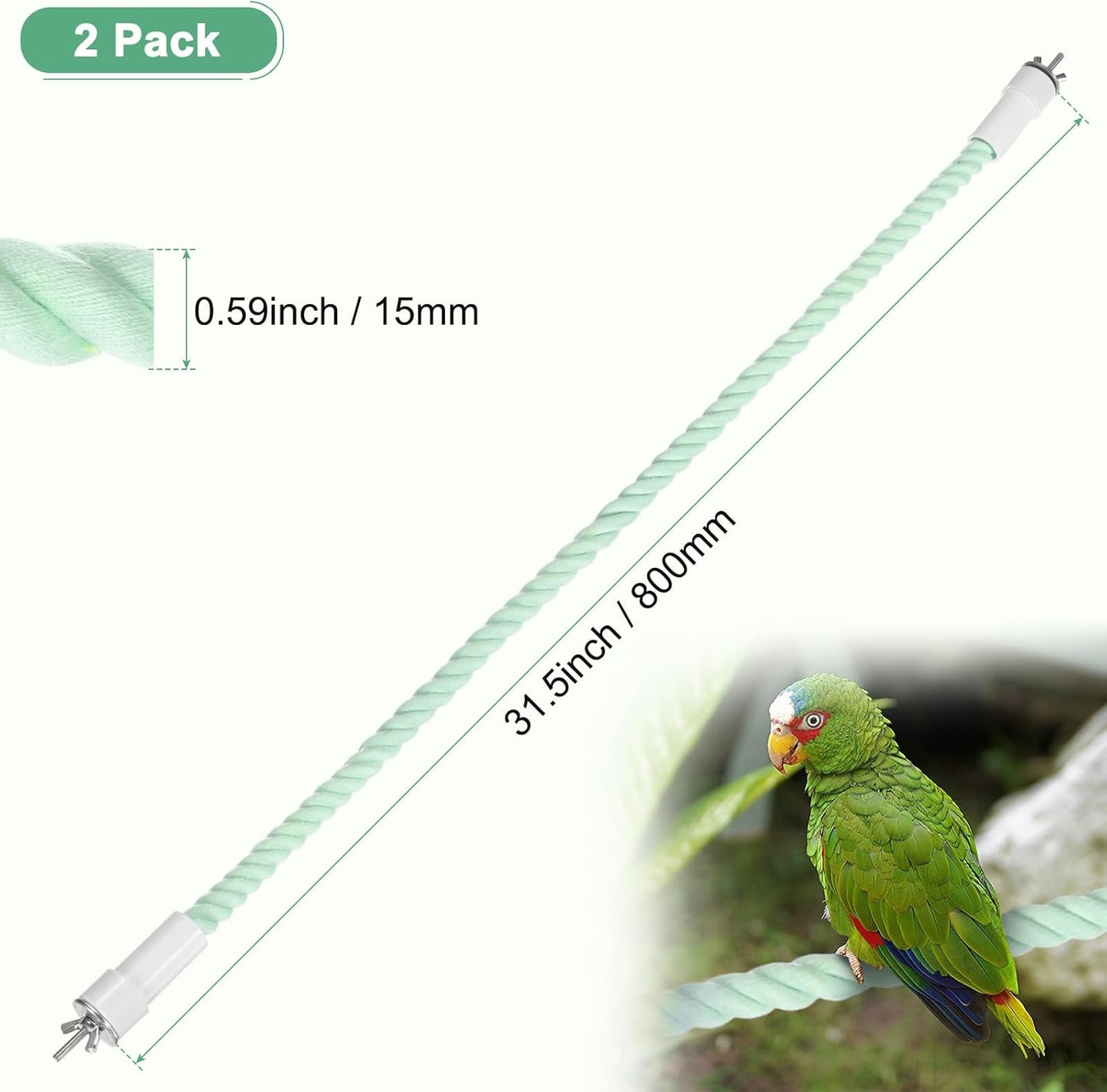 2-Pack Rope Perches for Bird Cages, 31.5 in Length Comfort Grip Flexible Rope Perch Beak & Paw Grinding for Parrots/Cockatiels/Parakeets, Bird Platform Sand [Cyan]