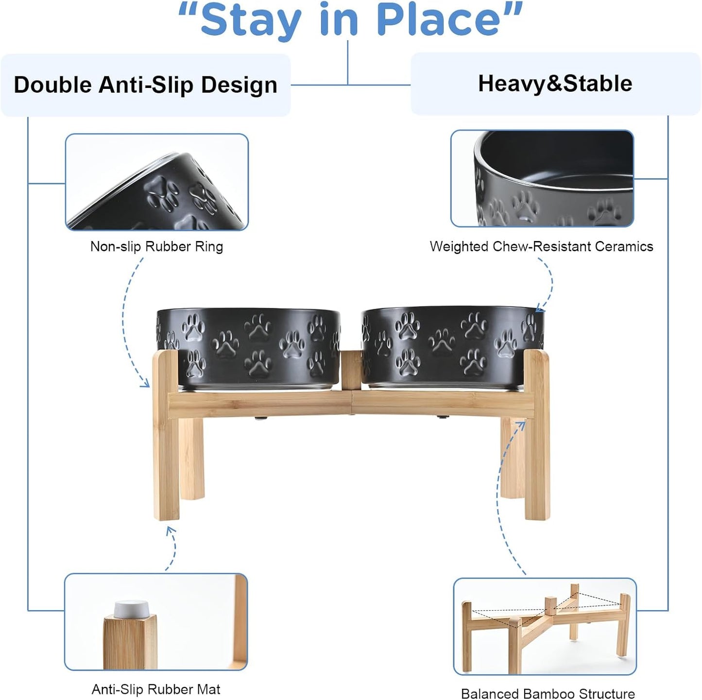 SPUNKYJUNKY Elevated Dog Bowls Ceramic, 7.3'' Dogs Food Water Bowls Raised with Non-Slip Bamboo Stand for Medium to Large Sized Breed Microwave Dishwasher Safe - 42 OZ,Paw Black